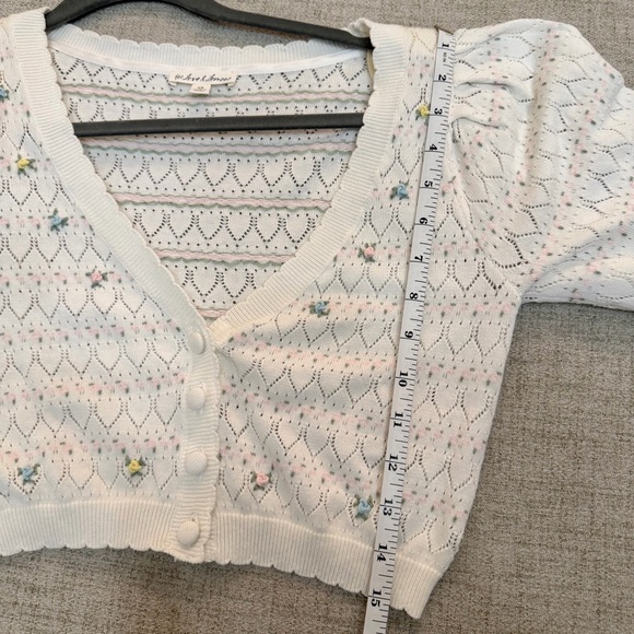 For Love & Lemons White Charleston Crop Balloon Sleeve Cardigan Sweater - Picture 14 of 15